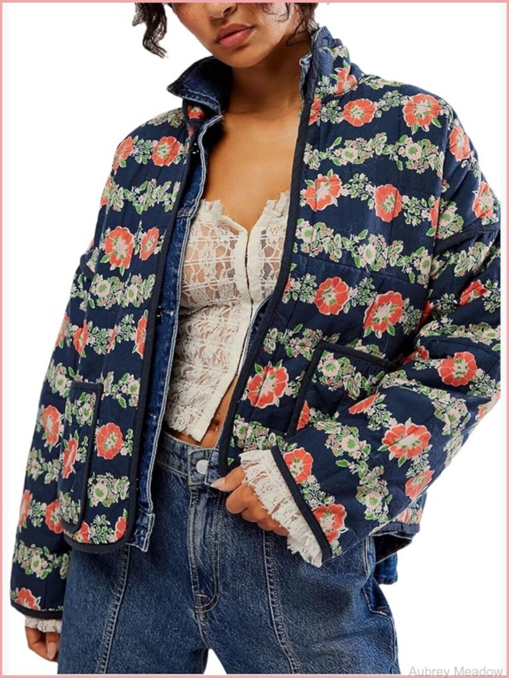 Vintage Cropped Quilted Puffer Jacket with Contrast Trim